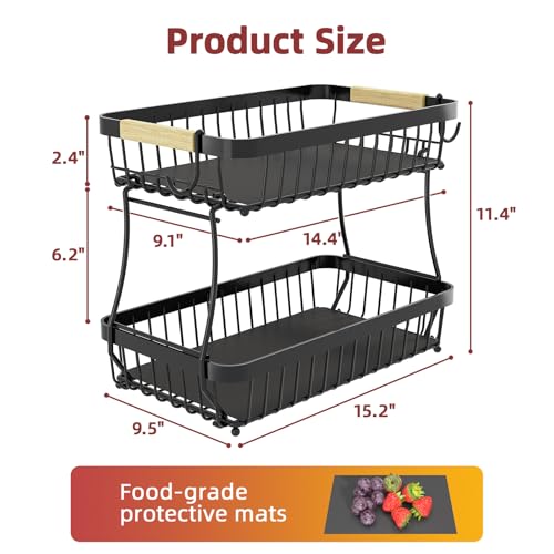 Sevenblue 2 Tier Large Fruit Basket for Kitchen Counter with 2 Mobile Banana Hangers, 2026 Pro Detachable Metal Fruit Bowl with Wooden Handle (Black, 2 Tier Extra Large) - color: Black, size: 2 Tier Extra Large