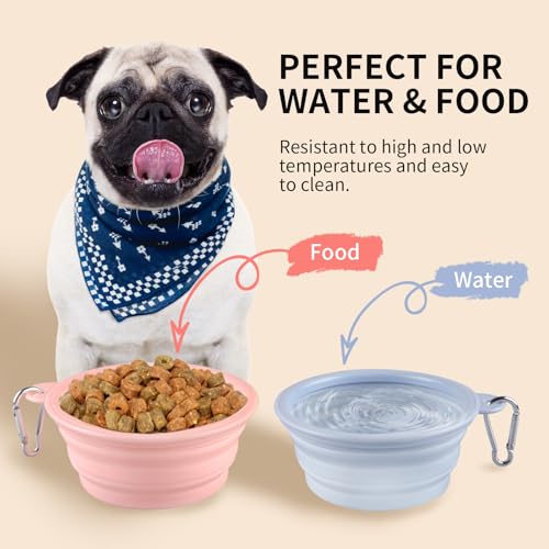 Collapsible Dog Bowls 2-Pack, Portable Travel Dog Bowl with Carabiner, Food-Grade Silicone Pet Bowl for Hiking, Walking(Macaron Pink and Blue) - color: 12 OZ Macaron Pink and Blue