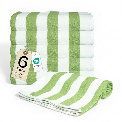 Salt Earth Cotton Striped Beach Cabana Towel, 6 Pack - 30"x60" Quick Dry Towels, Pool Essentials, Travel, Gym & Bathroom Towels, Oversized Beach Vacation Essentials, Pista Green - color: Pista Green, size: Pack of 6