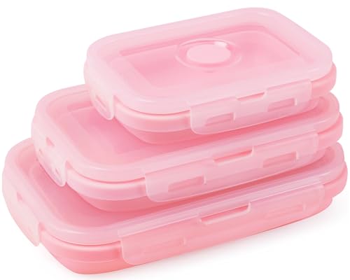 Collapsible Silicone Food Storage Containers with Lids, 3 Pack Foldable Food Containers,Silicone Collapsible Bowls For Camping, Microwave Freezer Dishwasher Safe (Pink 350ml 500ml 800ml)