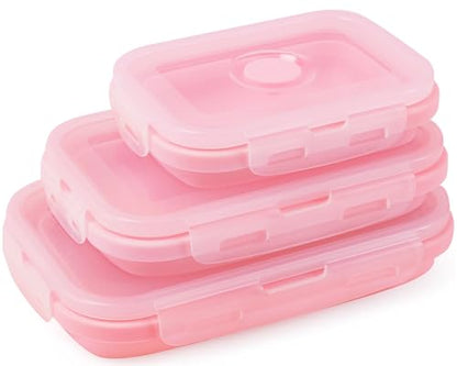 Collapsible Silicone Food Storage Containers with Lids, 3 Pack Foldable Food Containers,Silicone Collapsible Bowls For Camping, Microwave Freezer Dishwasher Safe (Pink 350ml 500ml 800ml)