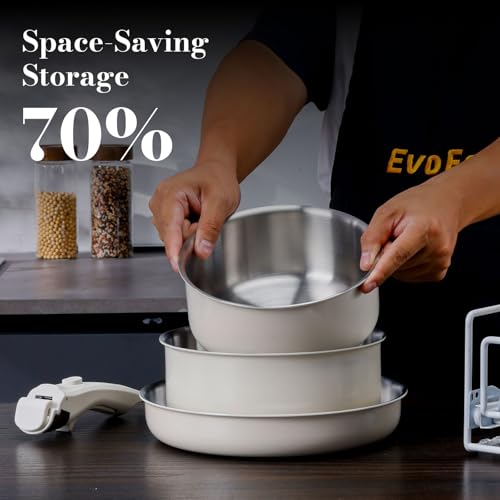14 pcs Stainless Steel Cookware Set, Detachable Pots and Pans Set with Removable Handle, Non Toxic Space Saving RV Camping Cookware Set, Induction Cookware, Dishwasher & Oven Safe - size: 14 Pcs White
