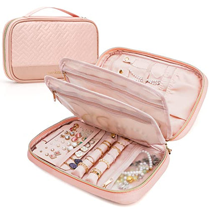 emissary Travel Jewelry Case Organizer for Necklace & Earrings, Pink | Padded slots & necklace ties keep jewelry tangle-free; double-zip, water-repellent travel case for rings & earrings - color: Pink