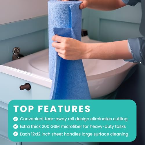Microfiber Cleaning Cloth Roll Tearaway, 50 PCS Tear Away Towels, Reusable & Washable, Ultra Absorbent 12" x 12" Dish Rags for Car, Home, Kitchen, , 200 GSM Thickness, Paper Towel Alternative - color: Blue