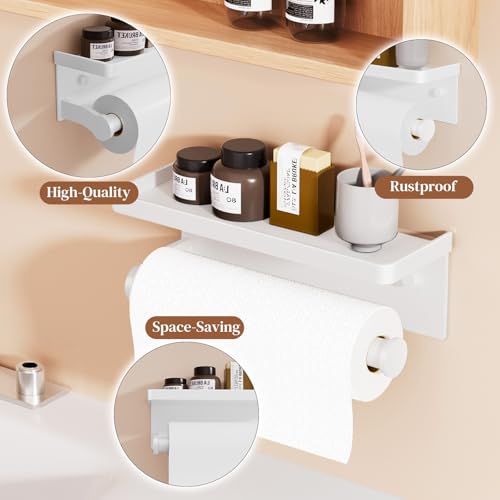 White Paper Towel Holder with Shelf, Wall Mount Paper Towel Holder for Bathroom Kitchen, Hand Towel Rack Holder,Paper Roll Holder with Self Adhesive & Screw,RV - color: White Pro