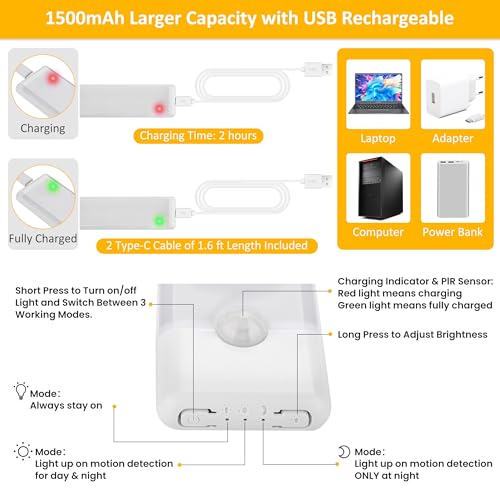51-LED Motion Sensor Under Cabinet Lights, Magnetic Rechargeable Under Counter Closet Lighting, Wireless Light Bar Stick-On, 2-Pack, Warm White - color: Warm White, size: 12 inch