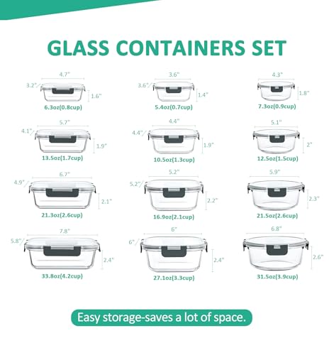 KOMUEE 24 Pieces Glass Food Storage Containers Set, Meal Prep Containers, BPA-Free Airtight Glass Storage Containers with lids,Freezer, Microwave and Oven Safe,Gray - color: Gray