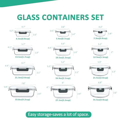 KOMUEE 24 Pieces Glass Food Storage Containers Set, Meal Prep Containers, BPA-Free Airtight Glass Storage Containers with lids,Freezer, Microwave and Oven Safe,Gray - color: Gray