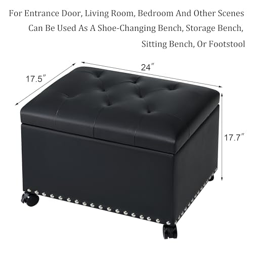 Leather Storage Ottoman,24’’Foot Rest Ottomans with Wheels and Hinged Lid Rectangle Upholstered Foot Stools Nailhead Trim for Living Room Bedroom,Black - color: Black With Wheels
