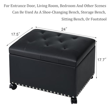 Leather Storage Ottoman,24’’Foot Rest Ottomans with Wheels and Hinged Lid Rectangle Upholstered Foot Stools Nailhead Trim for Living Room Bedroom,Black - color: Black With Wheels