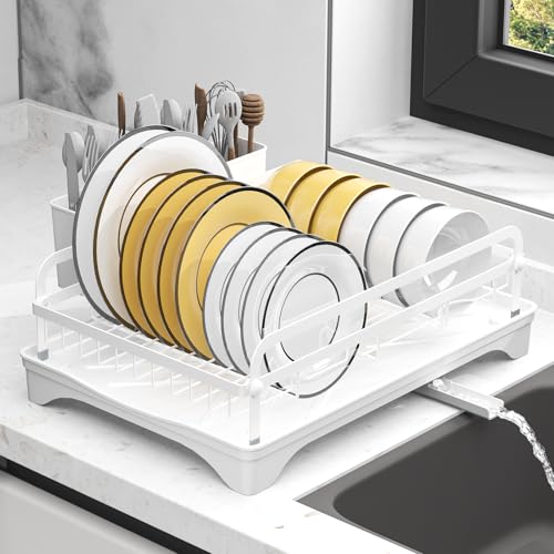 Dish Drying Rack,Dish Racks for Kitchen Counter, Metal Dish Drainer with Adjustable Drainage Spout, Removable Knife and Fork Holder (White) - color: 1 Tier - White