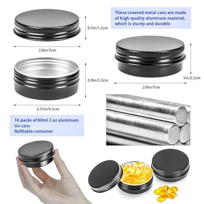 16Pack 2oz Tin Jars, 60ml Metal Tin cans, 2Ounce Aluminum tin can jar Containers with Screw Lid for Lotion Bars, Balms, Spices, Salve, Beard Balm, Toiletries, Creams, Samples, Makeup Cosmetic - color: Black