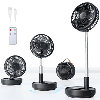 Portable Oscillating Travel Fan, 10400mAh Battery Operated Rechargeable USB Floor Table Desk Fan with Remote, 4 Speed Settings Pedestal Fan for Home Bedroom Office Camping, Black 8" - color: Black-10400mAh
