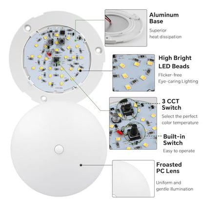 acegoo RV 3CCT 4.5'' LED Ceiling Dome Light, 3000K/4500K/6000K Switchable with Blue Nightlight 12V Puck Light for Motorhome Camper Trailer Boat, Surface Mount w/Dimmer Switch (6 Pcs) - color: 6 Pcs