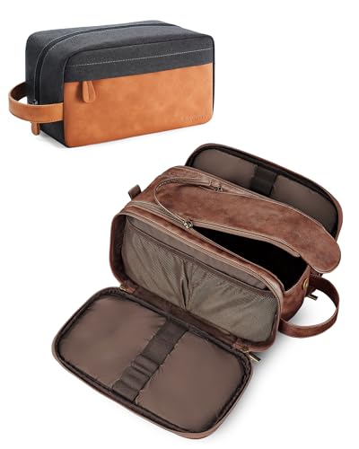 Elviros Travel Toiletry Bag Gift for Men，Mens Toiletries Bag Gifts Set Shaving Dopp Kit Water-resistant Bathroom Toiletries Organizer PU Leather Cosmetic Bags 2 Pack - color: Dark Brown, size: 2 Piece