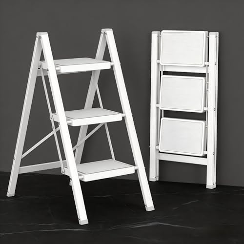 DIAMONDFORGE 3 Step Folding Ladder, Heavy Duty Steel Step Stool with Anti-Slip Wide Pedal & Anti-Slip Feet, 600 lbs Capacity, Safety Ladder for Home and Office, White - color: White, size: 3 Step