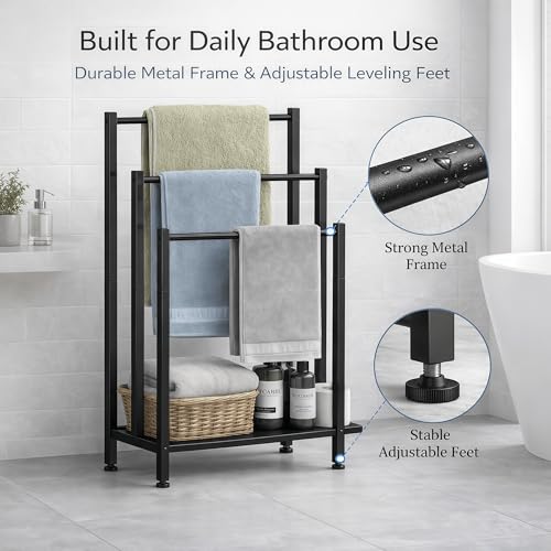Freestanding Towel Rack, 3 Tier Metal Standing Towel Rack with Wooden Shelf, Blanket Holder and Bath Towel Drying Rack for Bathroom, Black - color: Black