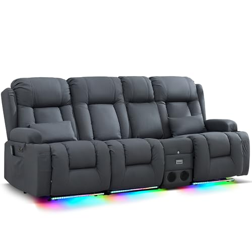 URRED Power Loveseat Recliner Sofa with Massage and Heat, Wall Hugger Reclining Loveseat with Console, RV Couch Home Theater Seating with LED Lights for Living Room (Blue Grey, 89.8" - 3 Seats) - color: Blue Grey, size: 89.8" - 3 Seats