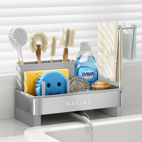 Nacial Sponge Holder for Kitchen Sink, Sink Caddy Organizer with High Brush Holder & Two Towel Racks - Rustproof 304 Stainless Steel Kitchen Countertop Storage Essentials - Gris - color: Gris