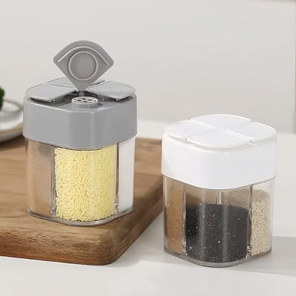 2Pack 4in1 Plastic Salt and Pepper Shaker, Transparent seasoning shaker can filter block shaped spice jars, suitable for family restaurants, camping, travel, cooking, barbecue