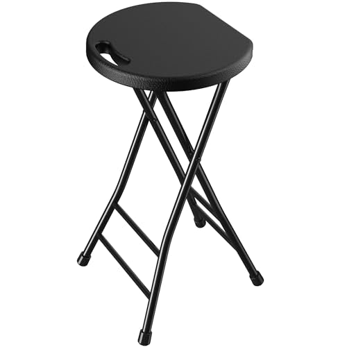 24 Inch Folding Stool, Portable Folding Stool with Handle & Non-Slip Feet, Sturdy 440lbs Capacity Folding Bar Stool for Kitchen, Camping, Fishing, Black - color: Black, size: 24-inch Pack of 1