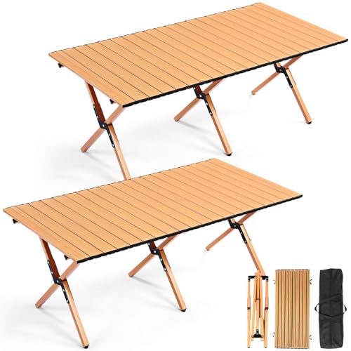 Suzile 4FT Folding Camping Table, Roll Up Portable Camp Table with Carry Bag, Low Collapsible Lightweight Aluminum Outdoor for Camping, Picnic, Beach, Patio, Kitchen (Yellow Wood Color) - color: Wood Color