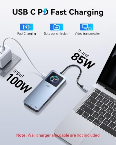 Laptop Docking Station Dual Monitor, 12-in-1 USB-C Docking Station with Smart LCD Display, 2 HDMI Ports+100W PD+10Gbps USB-C/A+2.5G Ethernet+SD/microSD, Docking Station for Dell/HP/Lenovo Laptop - color: Space Grey