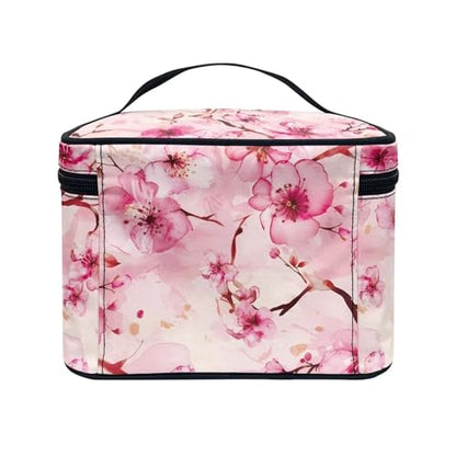Makeup Brush Bag Cherry Blossom Pink Printed Large Capacity Travel Cosmetic Bag Toiletries Accessories with Handle and Divider Portable Brush Holder Bags - color: Cherry Blossom Pink
