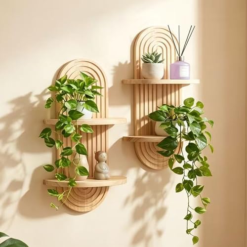 LIYAOLI Boho Aesthetic Wall Shelves 16.9 x 9.4 Inch Set of 2,Wooden Boho Hanging Shelf for Apartment & Dorm, Bedroom Decor,Small Wall Decor for Candles (Double Layer - Nature) - color: Double Layer - Nature