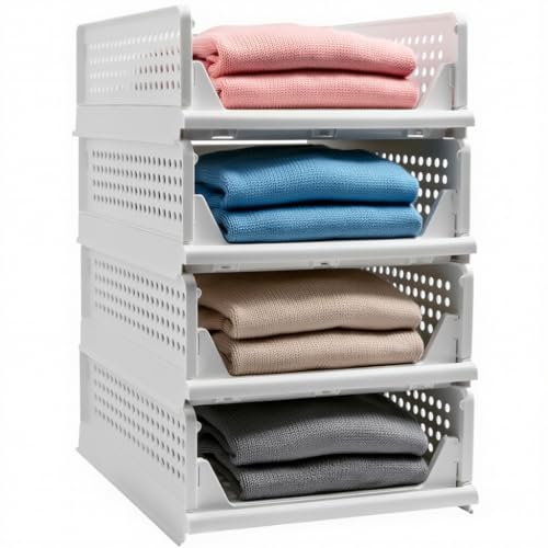 Goderewild Stackable Foldable Storage Baskets, Folding Storage Bins, Closet Organizers and Plastic Drawer Shelf Storage Container for Wardrobe, Cupboard, Kitchen, Bathroom, Office (White, 4S) - size: 4S