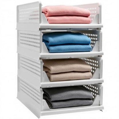 Goderewild Stackable Foldable Storage Baskets, Folding Storage Bins, Closet Organizers and Plastic Drawer Shelf Storage Container for Wardrobe, Cupboard, Kitchen, Bathroom, Office (White, 4S) - size: 4S