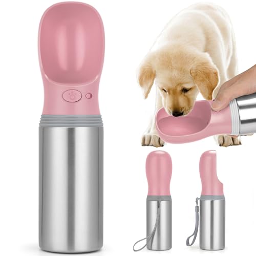 Portable Dog Water Bottle, 14 OZ, Stainless Steel Leak Proof Puppy Water Dispenser with Drinking Feeder for Pets Travel, Walking, Hiking and Outdoor Activities - size: 14 OZ - Pink, style: Button switch