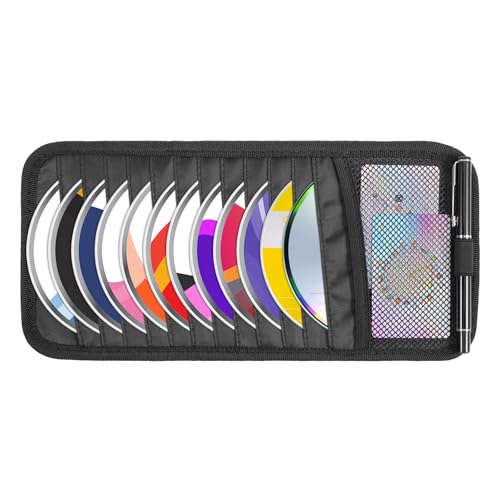 Trinkrittey Black Car CD Case Holder DVD Vehicle Visor Storage Orangizer Large Capacity CD Visor Case with 12 DVD Storage Sleeves 1 Mesh Pocket 1 Pen Holder and Elastic Strap - color: black