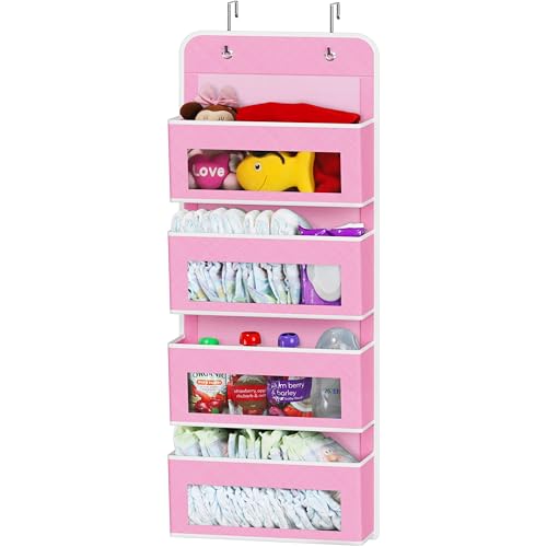 Simple Houseware 4 Clear Window Pocket Over Closet Door Storage Hanging Organizer for Bedroom, Bathroom, Pantry, Pink - color: Pink, size: 4 Pockets