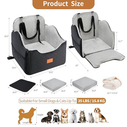 XEEP Dog Car Seat Bed for Small/Medium Dogs – Dog Booster Car Seat Up to 35 lbs -Use Travel Booster Seat with Memory Foam, Safety Belt, Bonus Urine Pad & Blanket, Removable Washable (Black/Grey)