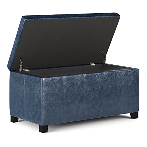SIMPLIHOME Dover Storage Ottoman Bench - 36 inch Wide Upholstered Vegan Leather Rectangular Lift-Top Ottoman in Denim Blue, Contemporary Bench for Living Room with Safety Hinges - color: Denim Blue