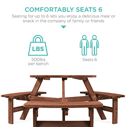 Best Choice Products 6-Person Circular Outdoor Wooden Picnic Table for Patio, Backyard, Garden, DIY w/ 3 Built-in Benches, 500lb Capacity - Walnut Brown - color: Walnut Brown