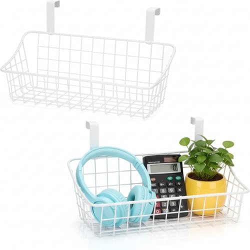 LeleCAT White Basket with hook Grid Storage Basket,Hang it behind a door or on a railing,Over the Cabinet Door,2 Pack - color: White, size: 2 pack