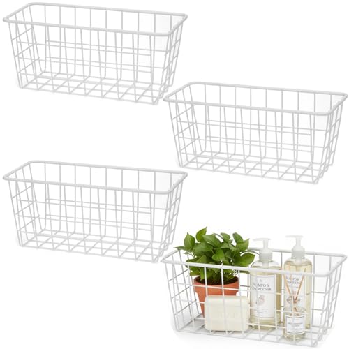 Hanging Kitchen Baskets Adhesive Sturdy Wire Storage Baskets with Kitchen Food Pantry Bathroom Shelf Storage No Drilling Wall Mounted,White,4 Pack - color: White, size: 4 PACK