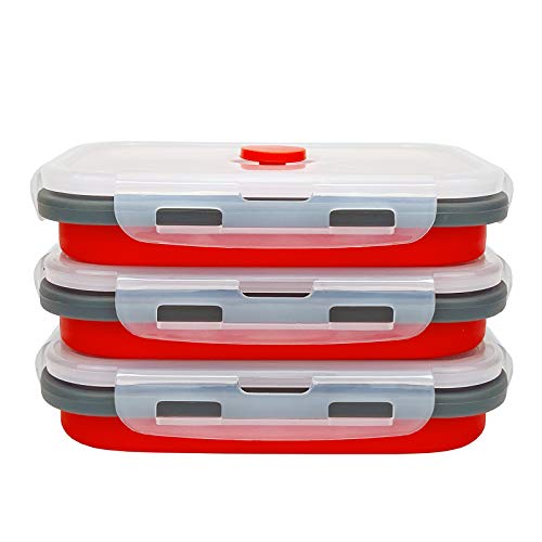 CARTINTS Set of 3 Collapsible Food Storage Containers with Lids, Collapsible Silicone Bowls, Silicone Lunch Containers, For Meal Prep, Camping, Travel, Microwave and Freezer Safe,500ml,Red - color: red