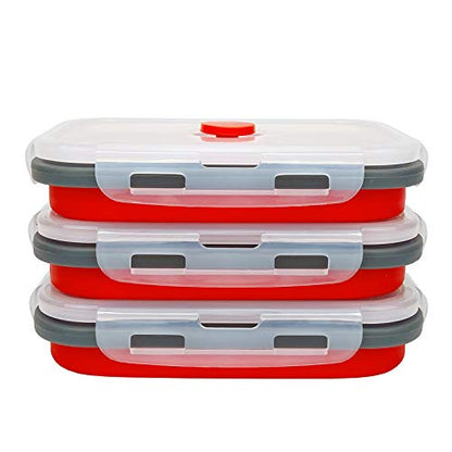 CARTINTS Set of 3 Collapsible Food Storage Containers with Lids, Collapsible Silicone Bowls, Silicone Lunch Containers, For Meal Prep, Camping, Travel, Microwave and Freezer Safe,500ml,Red - color: red