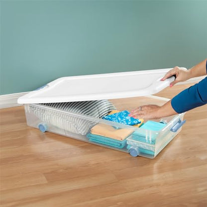 Sterilite 4-Pack 56 Quart Wheeled Latching Box, Underbed Clear Plastic Storage Organizer - Under Bed Rolling Container Bin with Lid and Wheels for Home or Dorm Bedrooms and Closets - size: 56 Quart, style: 4 Pack