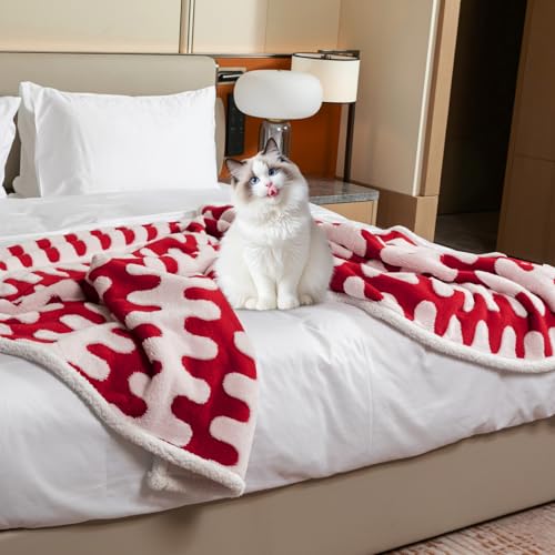 Waterproof 85x85in Pet Blanket Red Stylish Jacquard Sharpa Fleece Dog Blankets for King Size Bed Couch Sofa Covers Furniture Protection Washable Reversible Covers (Red Wave,XXL) - color: Red Wave, size: XXL-216*216cm(85*85in)