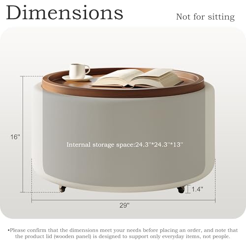 Round Storage Ottoman Coffee Table with Walnut Tray, 30'' Round Ottoman with Storage, Modern Upholstered Coffee Table with with 4 Casters for Living Room, Linen Fabric, Beige - color: Beige