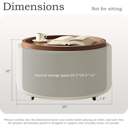 Round Storage Ottoman Coffee Table with Walnut Tray, 30'' Round Ottoman with Storage, Modern Upholstered Coffee Table with with 4 Casters for Living Room, Linen Fabric, Beige - color: Beige