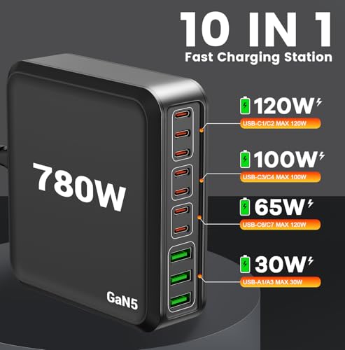 780W USB C Charger Block Fast 10-Port USB C Charging Station GaN PD 120W Laptop Charger Adapter for MacBook Pro/Air, DELL, iPad, iPhone, Samsung Galaxy Black - color: Black