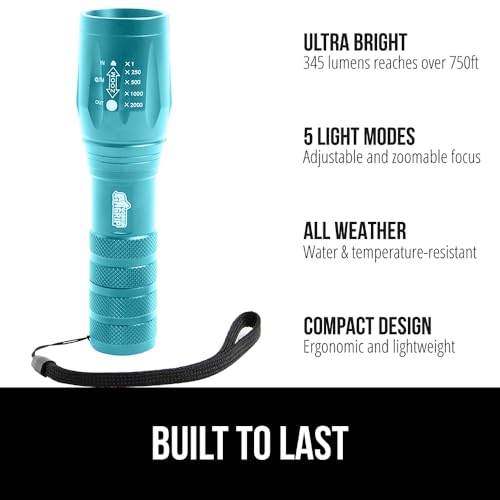 GORILLA GRIP Powerful LED Tactical Flashlight, 750 FT High Lumens 5 Adjustable Modes, Water Resistant, Ultra Bright Zoom Flashlights, Small Mini Flash Light, Camping, Night Dog Walking, Turquoise - color: Turquoise
