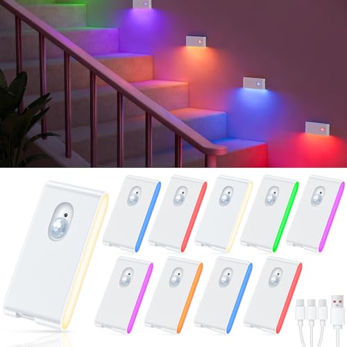 WILLED Motion Sensor Night Light, RGB & Warm White Stair Lights Indoor, Rechargeable Color Changing Night Light, Wireless Motion Sensor Light Indoor for Stair,Hallway,Bathroom,Cabinet,Kitchen,10 Pack - color: White, size: 10 Pack