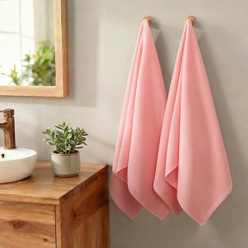 REDKISS 100% Cotton Waffle Weave Bath Towels 4 Pack - 27.5x55 Inches| Lightweight, Quick Dry & Highly Absorbent,Perfect for Spa, Gym, Travel, Guest Bathroom-Pink - color: Pink