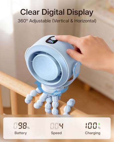 SWEETFULL Portable Stroller Fan, Pinch-Proof Baby Fan, 5-Speed Quiet Mini Clip on Fan, USB-C Rechargeable Battery, LED Display for Car Seat, Crib & Travel - Blue - color: Blue